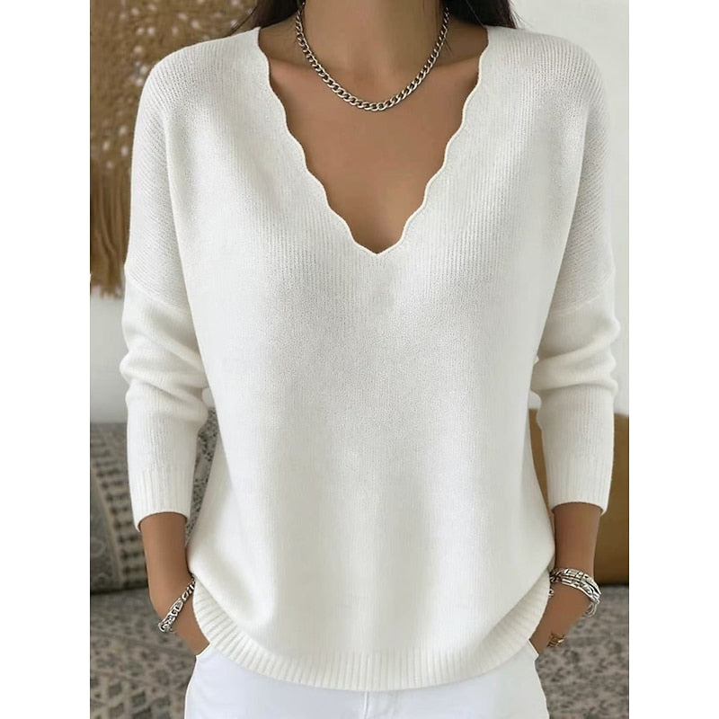 Scalloped V-Neck Pullover
