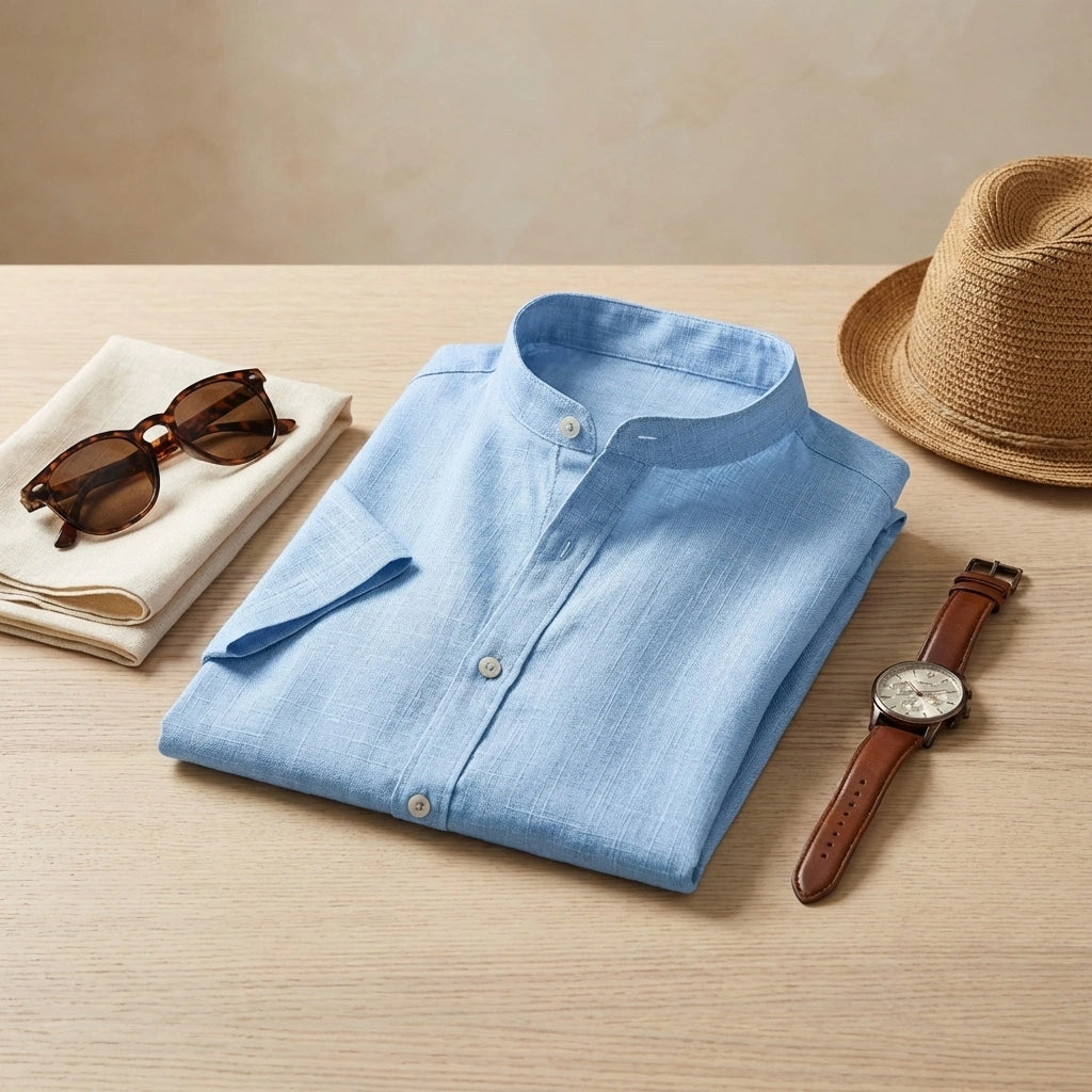 Vandore light blue mandarin collar shirt with linen texture, styled with summer vacation accessories on a wooden table.