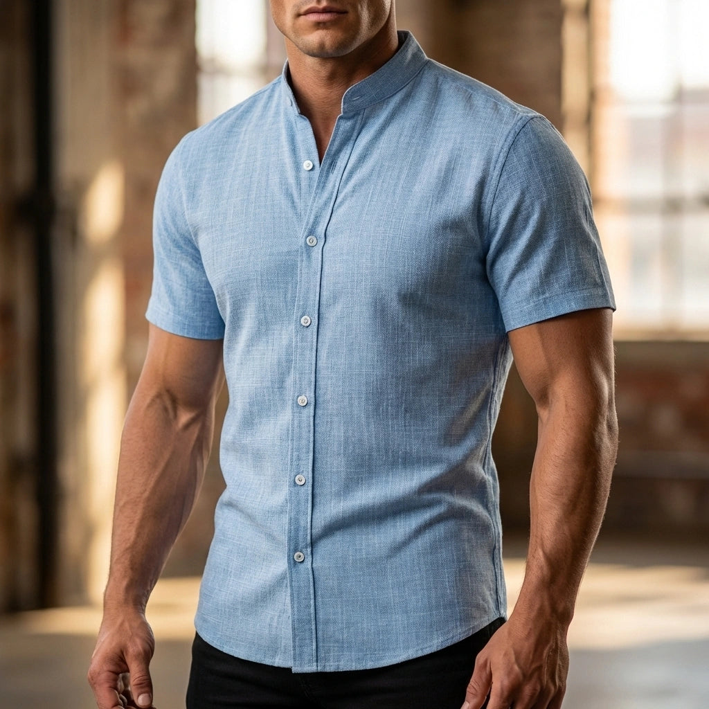 Vandore men's mandarin collar linen shirt in light blue, featuring a textured weave and tailored fit, worn by a model.