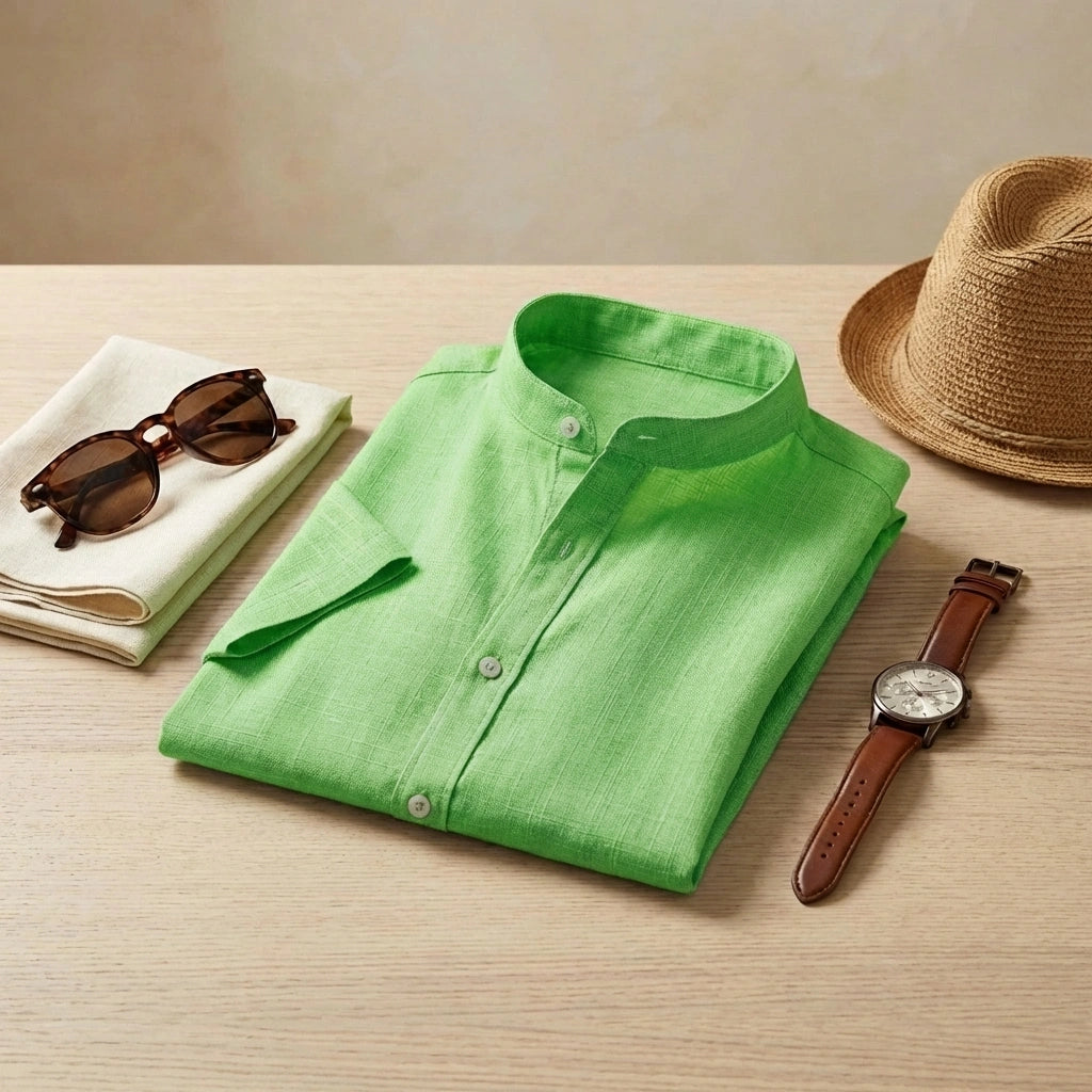Vandore lime green mandarin collar linen shirt folded on a wooden table with a straw hat, sunglasses, and a leather watch.