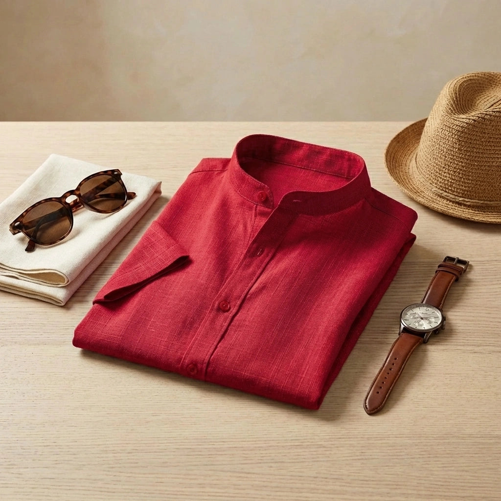 Vandore red mandarin collar linen shirt folded on a wooden table with sunglasses, a straw hat, and a leather watch for a summer vacation look.