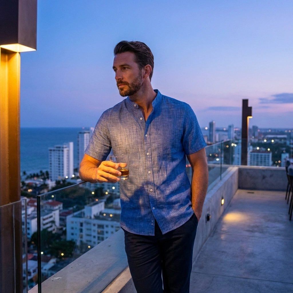 Vandore royal blue mandarin collar linen-texture shirt worn by a man on a balcony at sunset, showcasing a modern resort-wear style.
