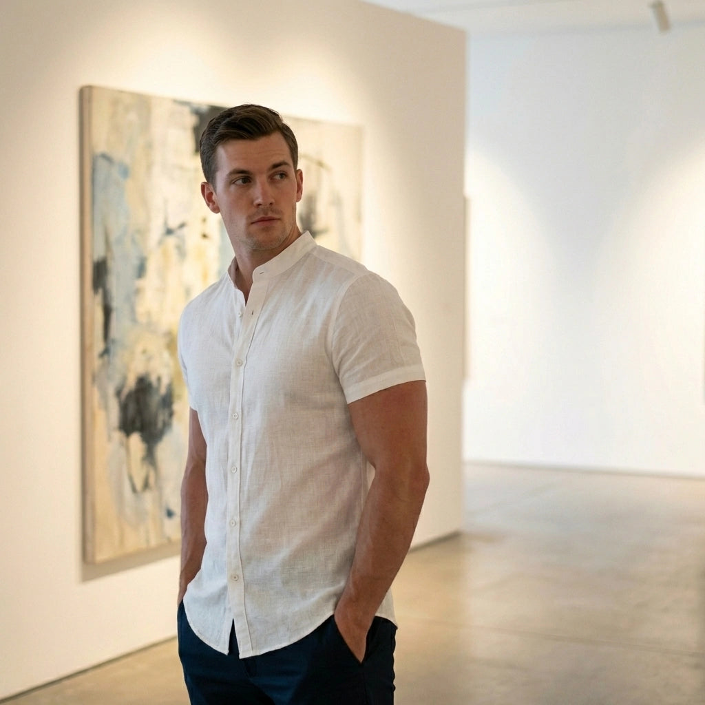 Man wearing a white Vandore mandarin collar linen shirt with a tailored fit, standing in an art gallery.
