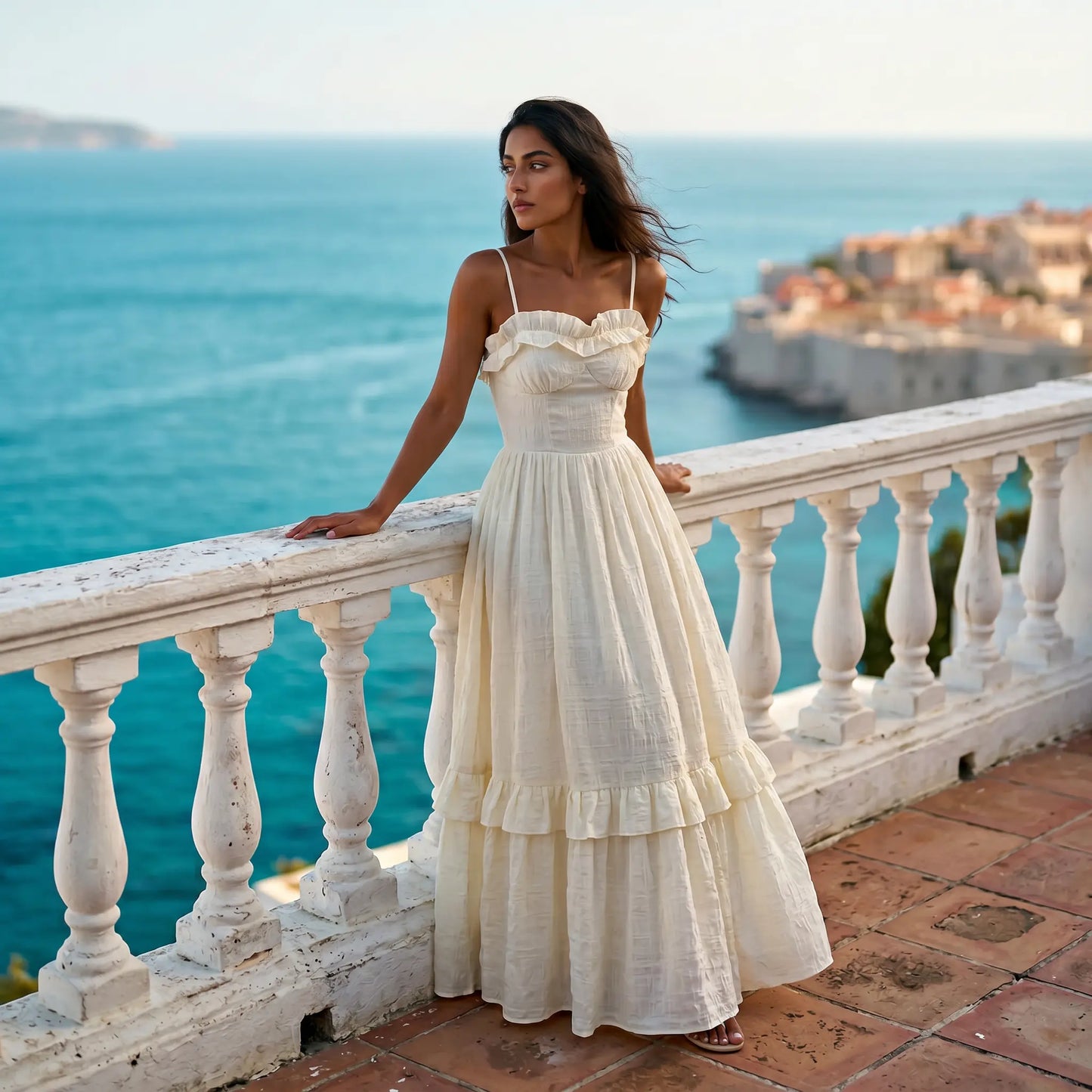 Elegant woman wears a vanilla cream textured maxi dress with ruffled neckline, spaghetti straps, bustier bodice, and a tiered skirt, posing on a balcony overlooking the blue Mediterranean Sea.