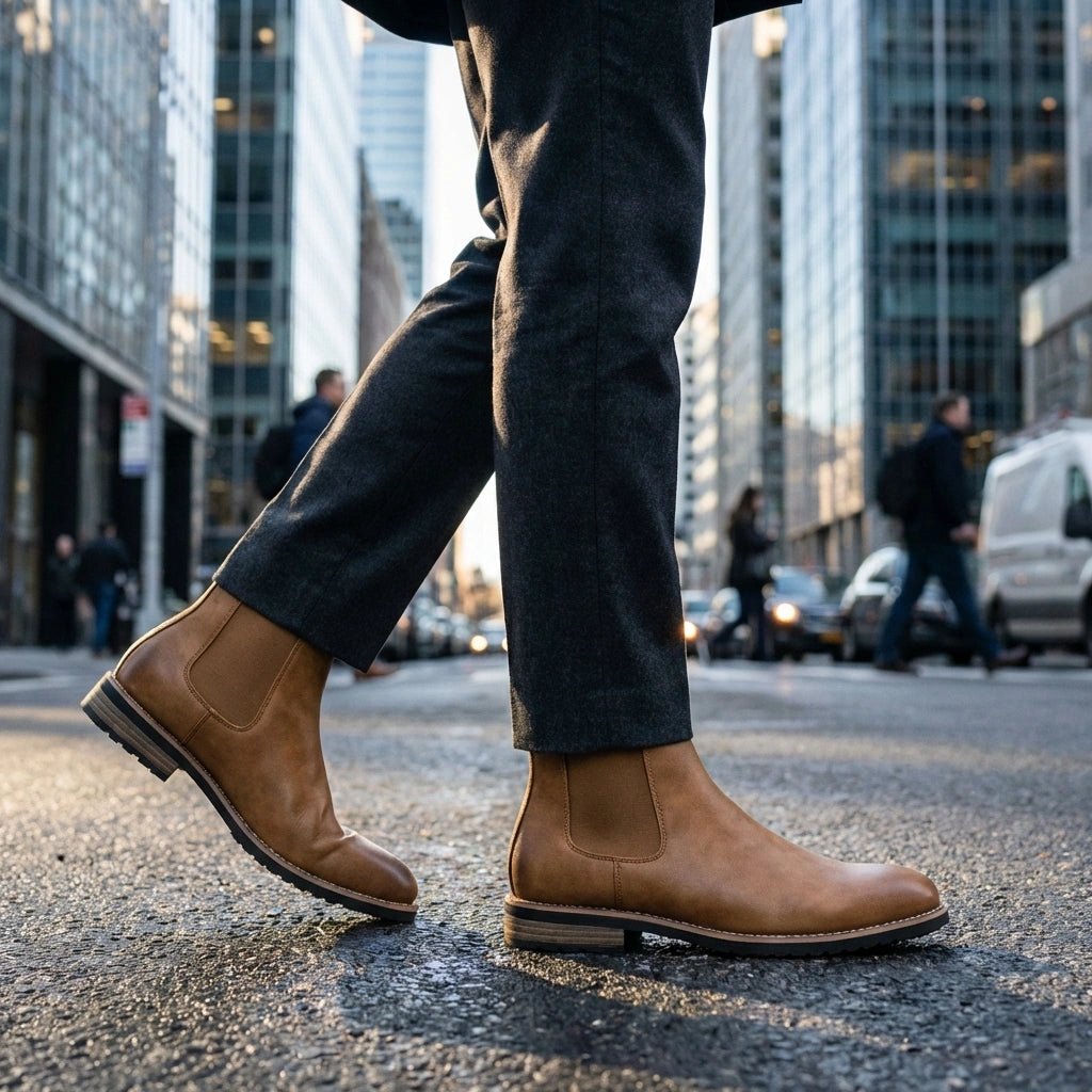 Vantor Classic Chelsea Boots in burnished tan microfiber leather worn on a city street, side view showing the elastic gore and rubber sole.
