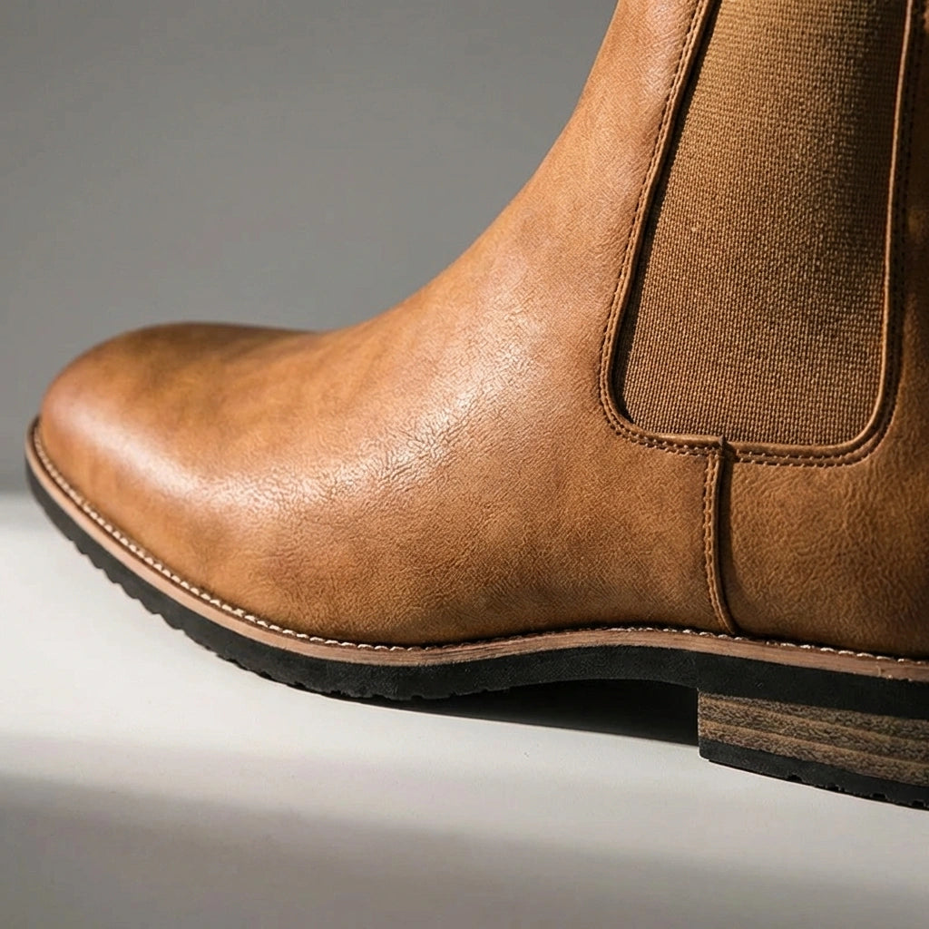 Vantor Classic Chelsea Boots in burnished tan microfiber leather, close-up side view showing the elastic gore panel and reinforced heel stitching.