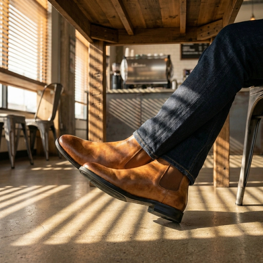 Vantor Classic Chelsea Boots in burnished tan microfiber leather worn with jeans, side view showing the elastic gore and sleek silhouette.