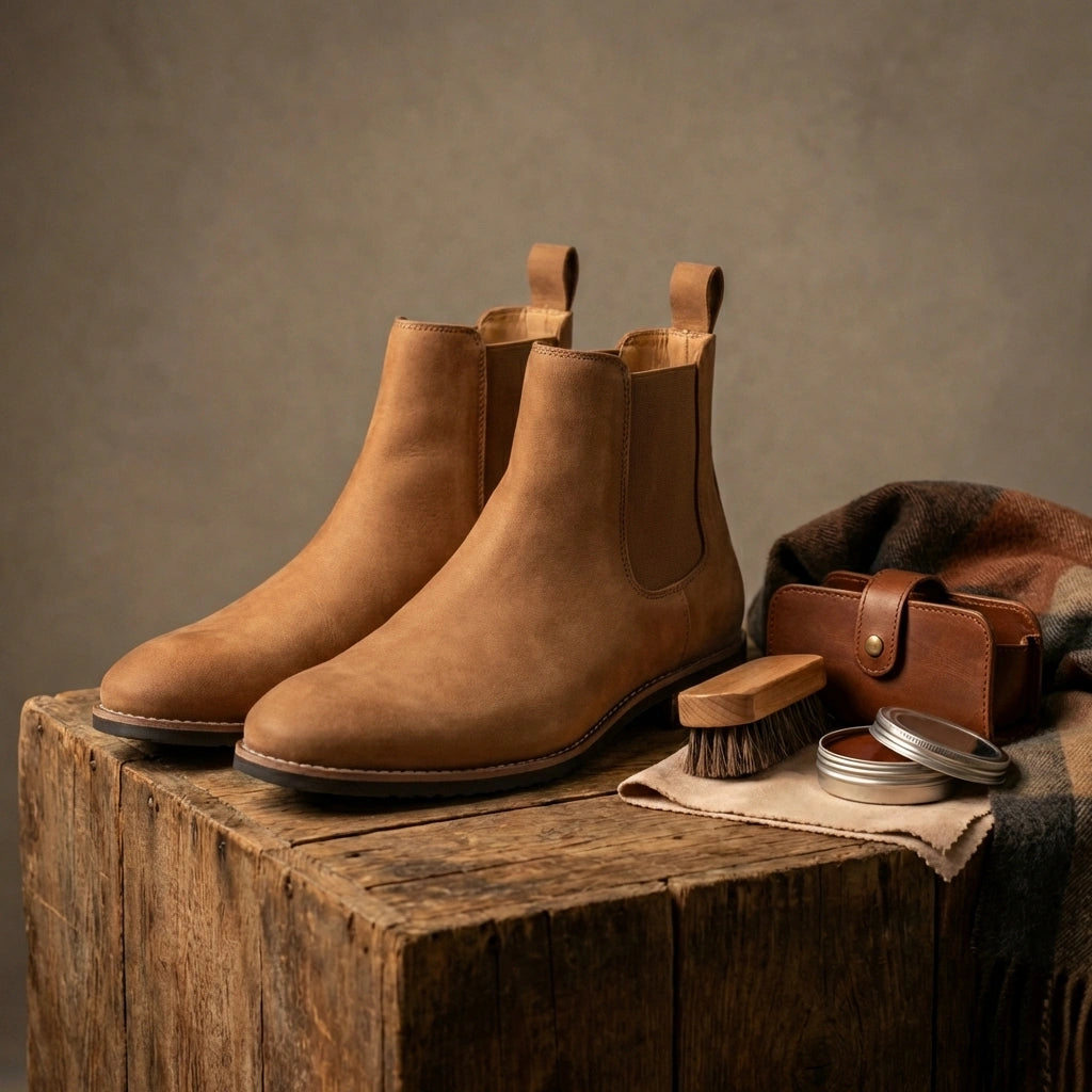 Vantor Classic Chelsea Boots in burnished tan microfiber leather styled on a rustic wooden crate with shoe care accessories and plaid scarf.