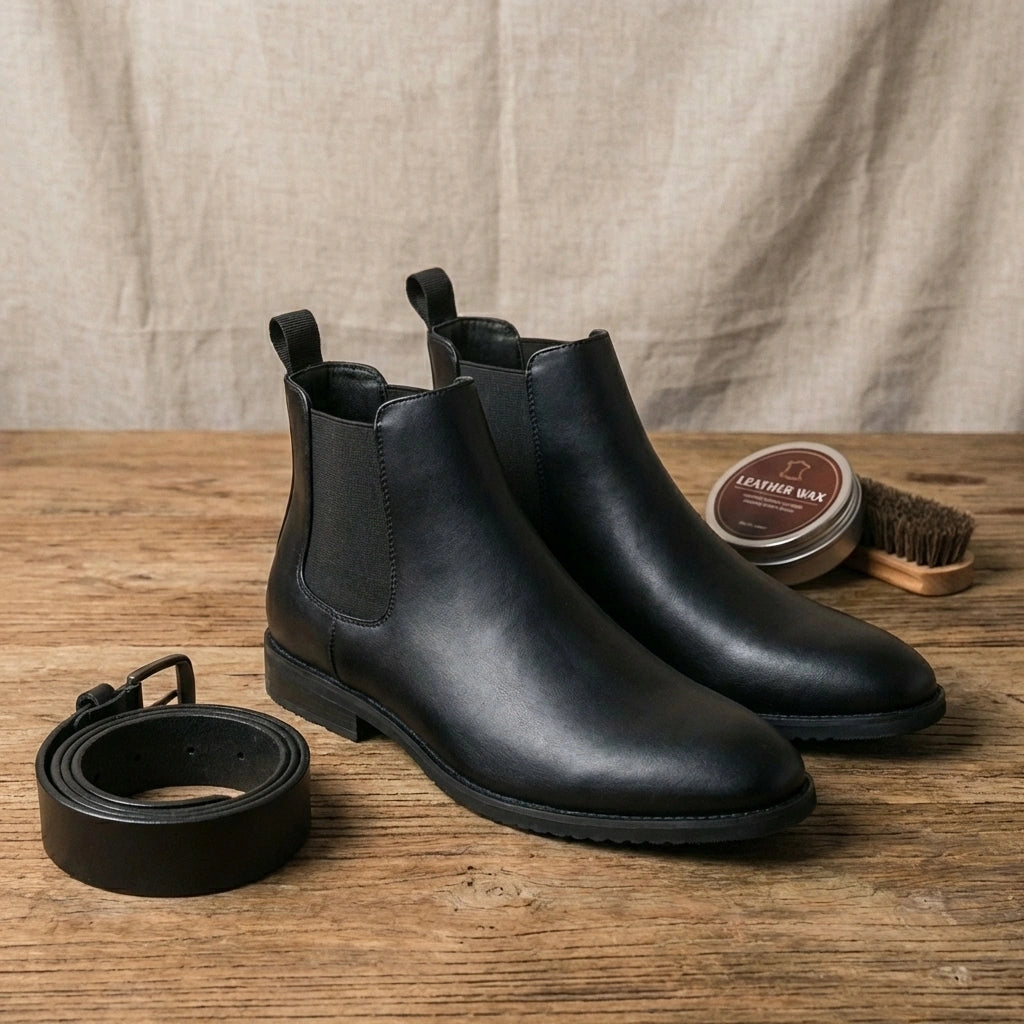 Vantor mens Chelsea boots in midnight black microfiber leather with matching belt and leather wax on a wooden table.