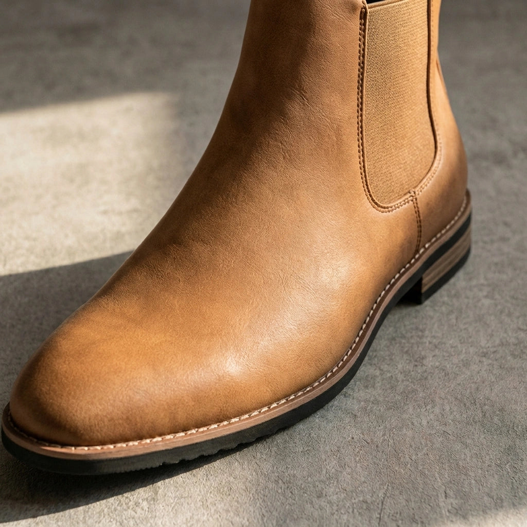 Vantor Classic Chelsea Boots in burnished tan microfiber leather, side view showing the elastic gore panel and almond toe shape.