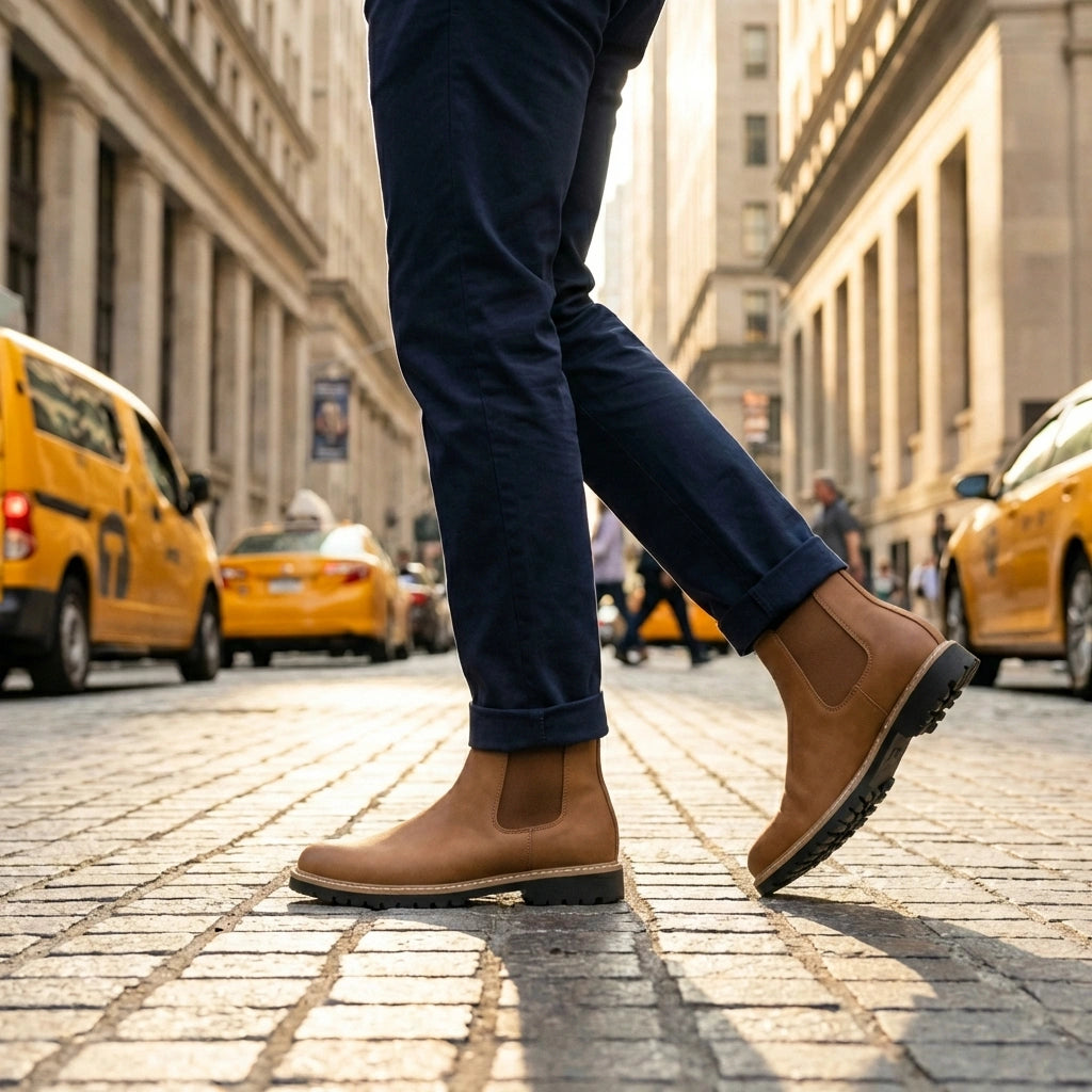 Vantor Classic Chelsea Boots in burnished tan microfiber leather walking on a cobblestone street with yellow taxis in the background.