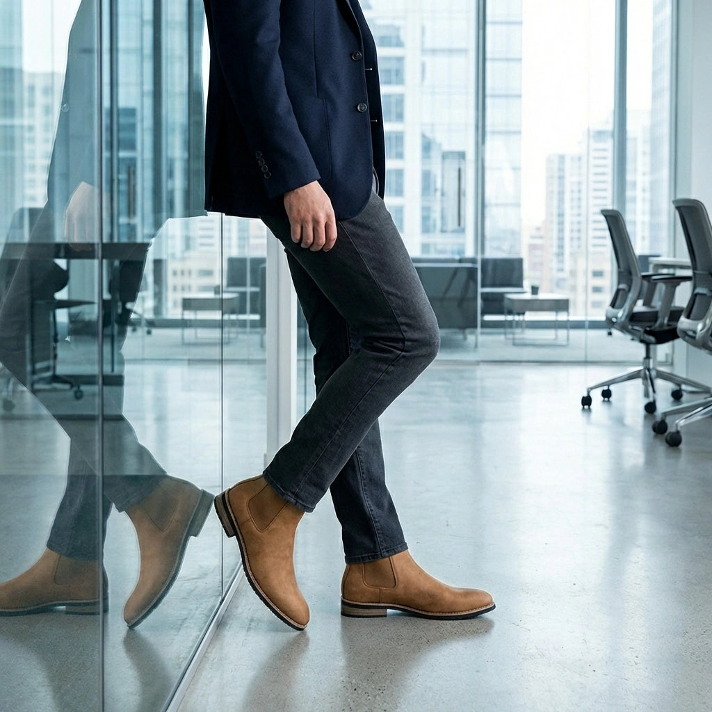 Vantor Classic Chelsea Boots in Burnished Tan microfiber leather worn with smart-casual attire in a modern office setting.