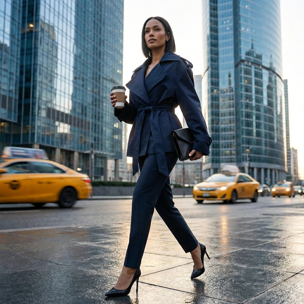Varelle structured belted short trench coat in navy blue worn by a woman in a city setting — side view showing the cinched waist.