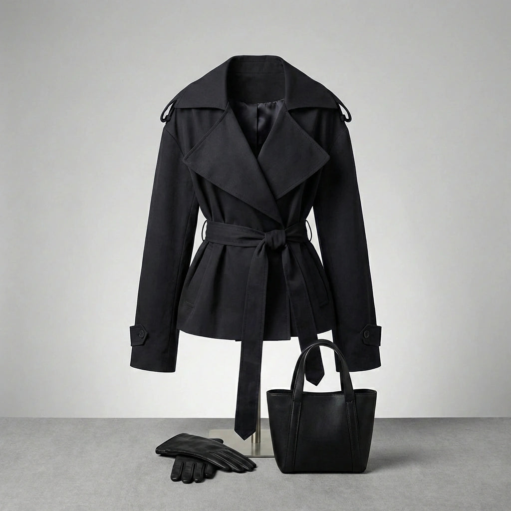 Varelle structured belted short trench coat in black cotton blend — front view styled with leather gloves and tote bag.