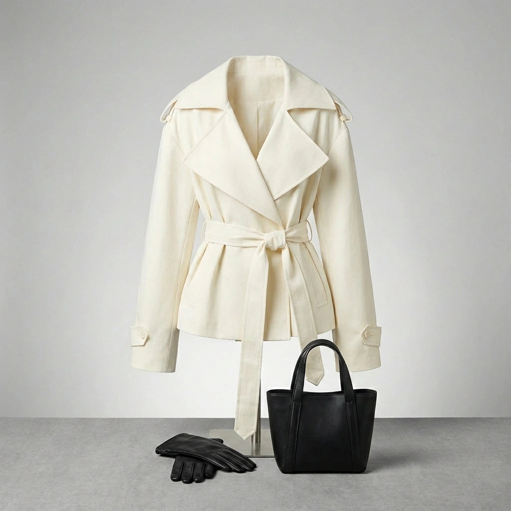 Varelle structured belted short trench coat in cream cotton blend — front view showing oversized lapels and cinched waist, styled with black handbag and gloves.