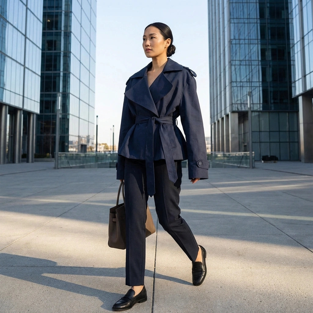 Varelle structured short trench coat in navy blue worn belted in an urban setting — front view showing the oversized lapels and cinched waist.