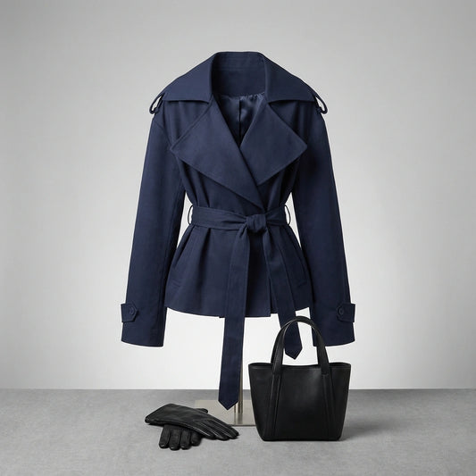 Varelle structured belted short trench coat in navy blue, styled with black leather accessories — front view showing oversized architectural lapels.