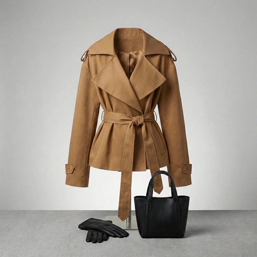 Varelle structured short trench coat in camel cotton blend — front view showing wide lapels and belt, styled with black handbag and gloves.