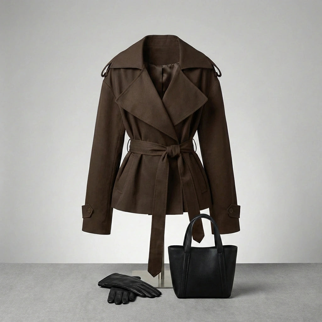 Varelle structured short trench coat in dark brown cotton blend featuring a belted waist and oversized lapels, styled with a black tote bag and gloves.