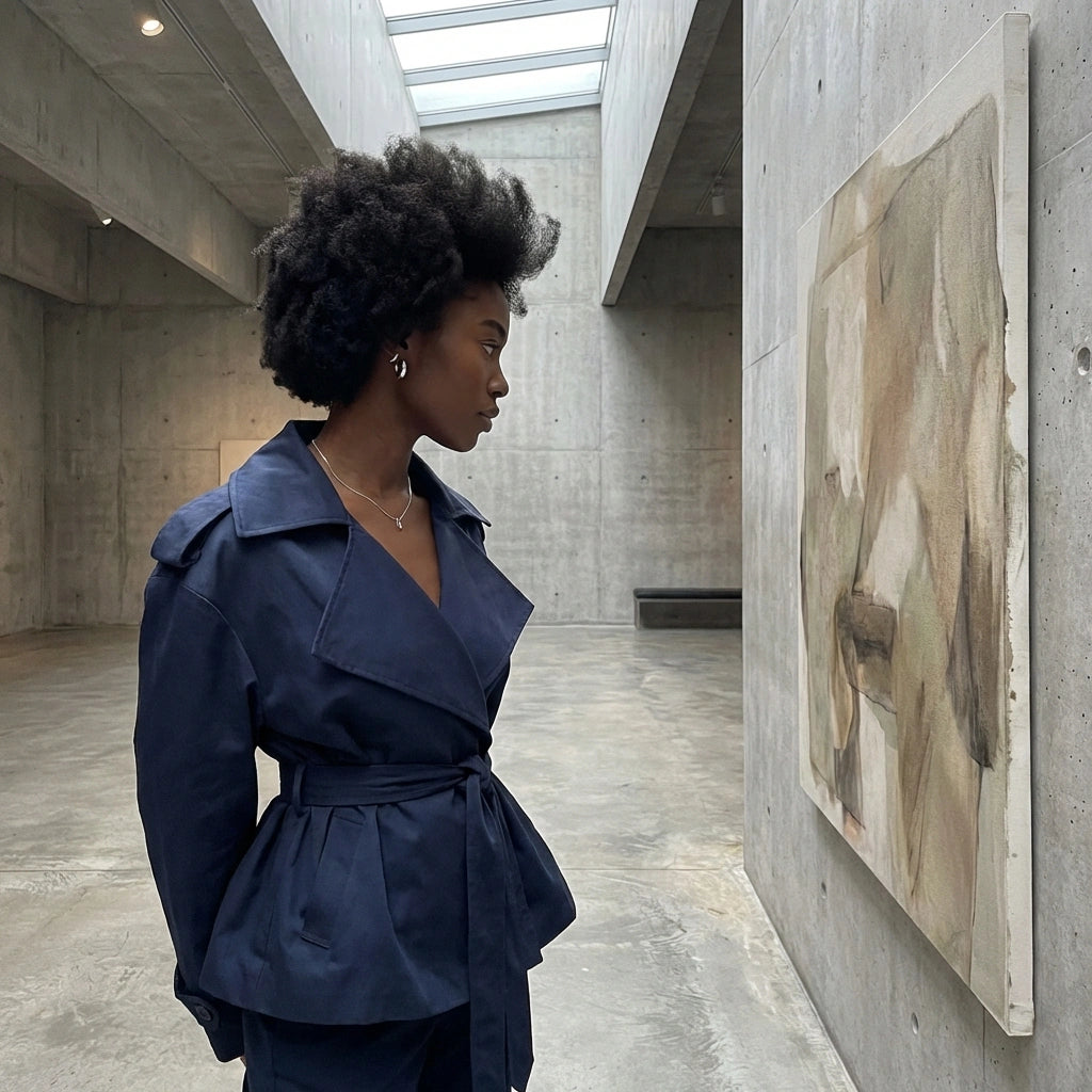 Varelle structured short trench coat in navy blue, side view showing the belted waist and oversized lapels in a modern gallery setting.