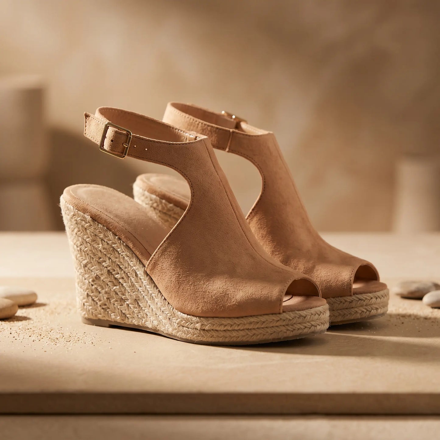 Vekri women's tan suede-like espadrille wedge sandals with peep-toe front and adjustable ankle strap, presented on a sandy surface with stones.
