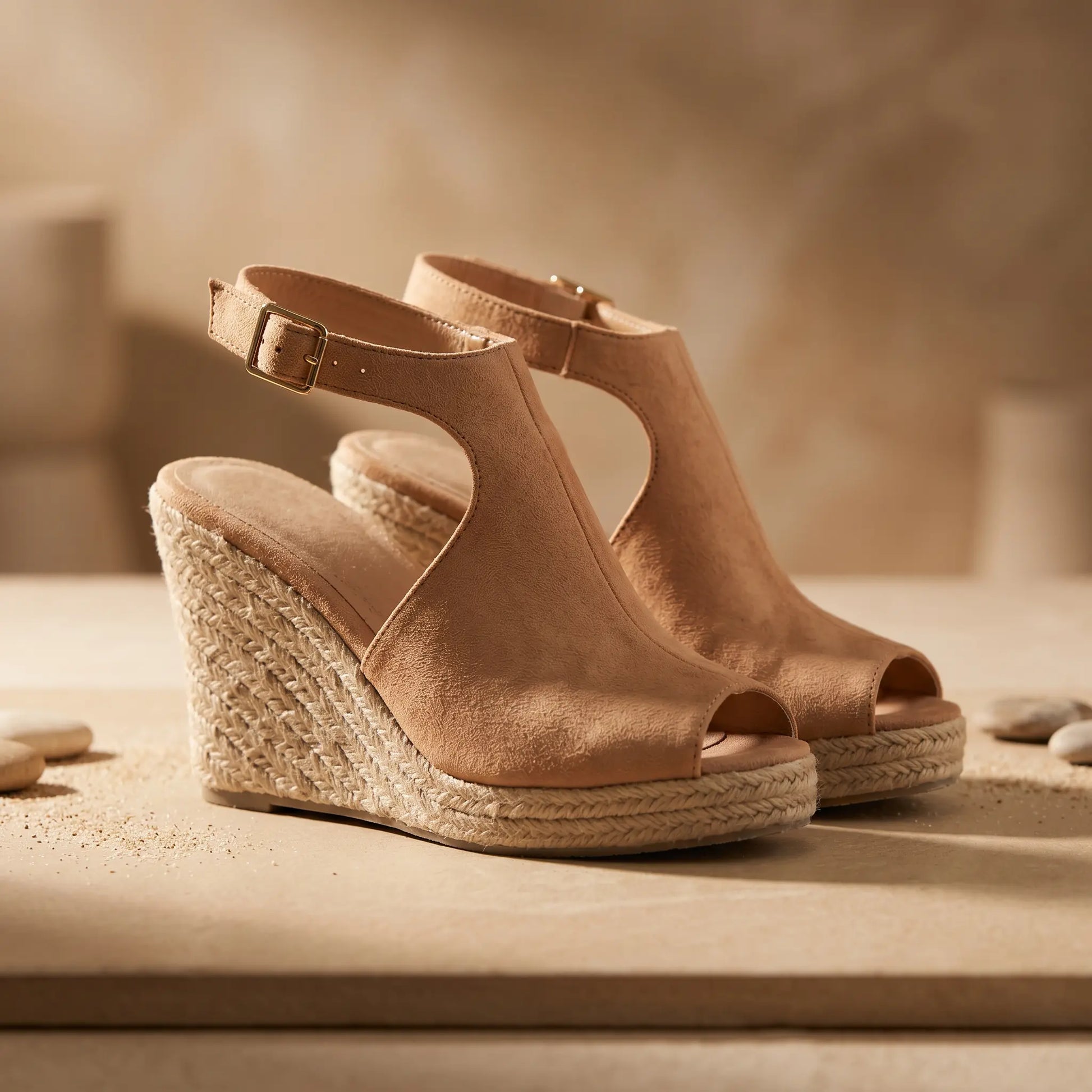 Vekri women's tan suede-like espadrille wedge sandals with peep-toe front and adjustable ankle strap, presented on a sandy surface with stones.