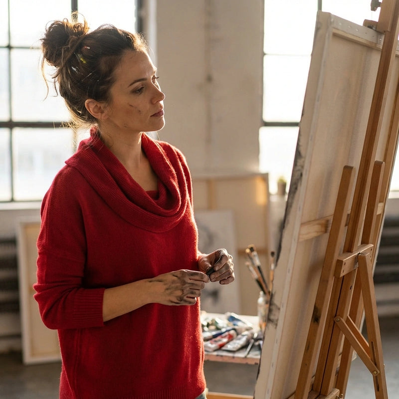Vellura soft cowl neck sweater in red worn by a woman painting in a sunlit studio, showing the draped neckline and relaxed fit.