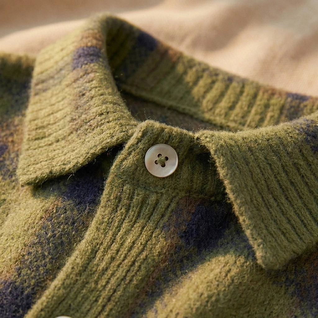 Vellura women's soft knit plaid shirt in olive green, close-up view of the brushed texture, point collar, and pearlized button detail.