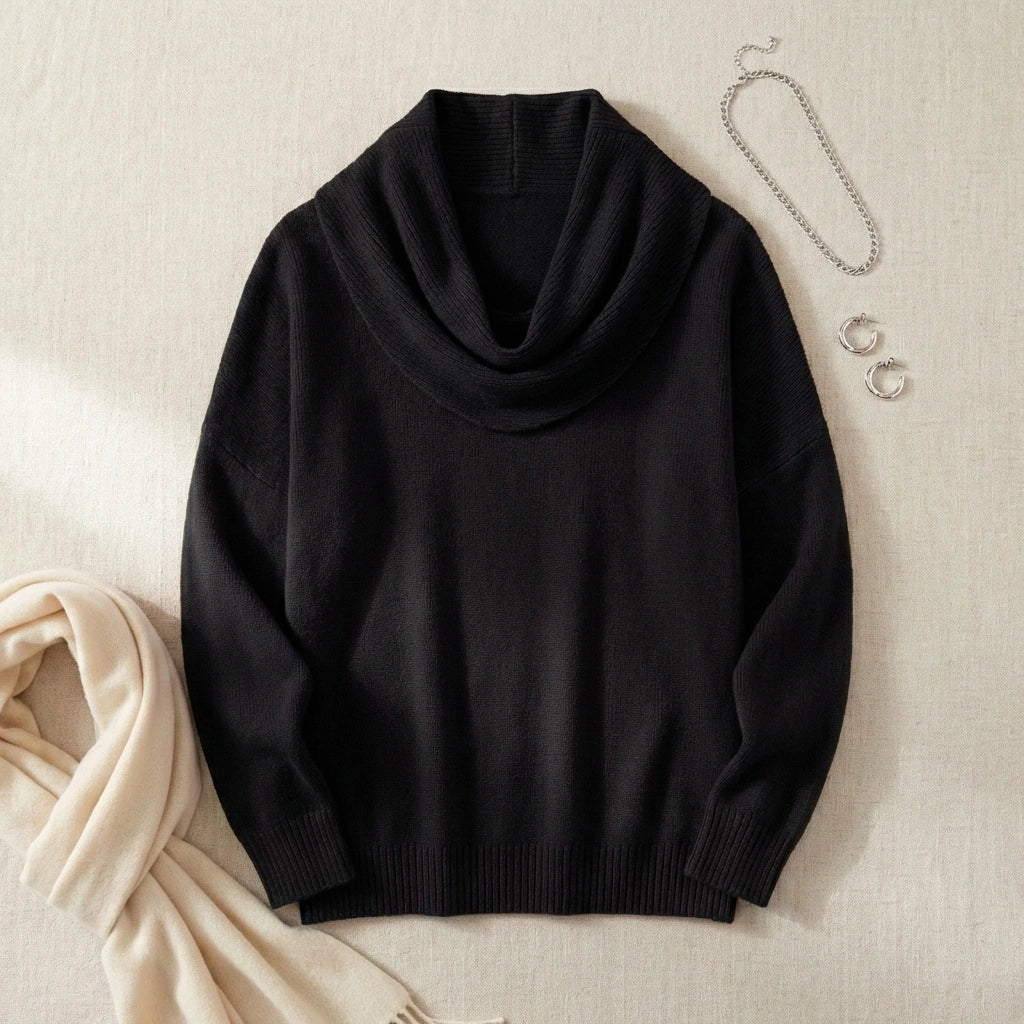 Vellura soft cowl neck sweater in black, flat lay view styled with silver jewelry and a beige scarf.