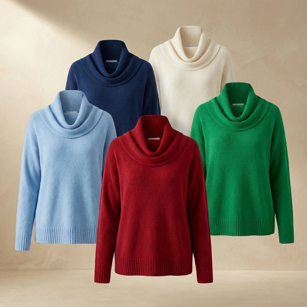 Vellura soft cowl neck knit sweaters in five colors including red, green, navy, and cream — group view showing the elegant draped neckline.