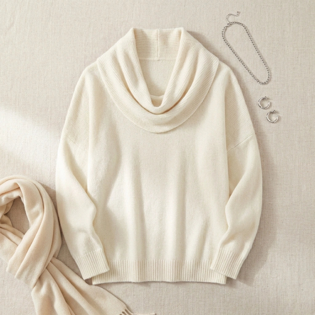 Vellura soft cowl neck sweater in ivory white, flat lay view showing the draped neckline and ribbed cuffs, styled with silver jewelry.