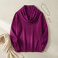 Vellura soft cowl neck sweater in purple — flat lay view showing the elegant draped neckline, ribbed cuffs, and plush knit texture.