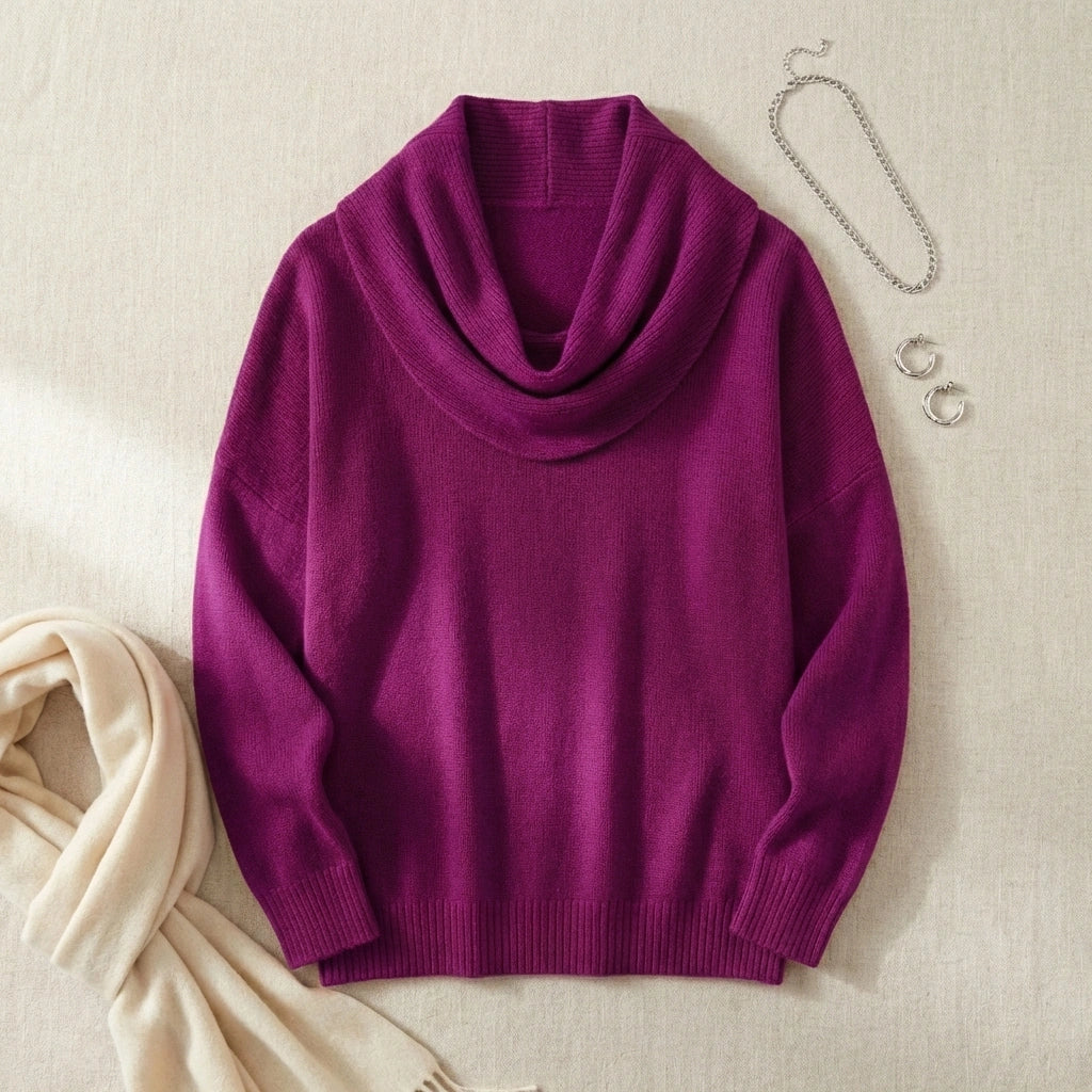 Vellura soft cowl neck sweater in purple — flat lay view showing the elegant draped neckline, ribbed cuffs, and plush knit texture.