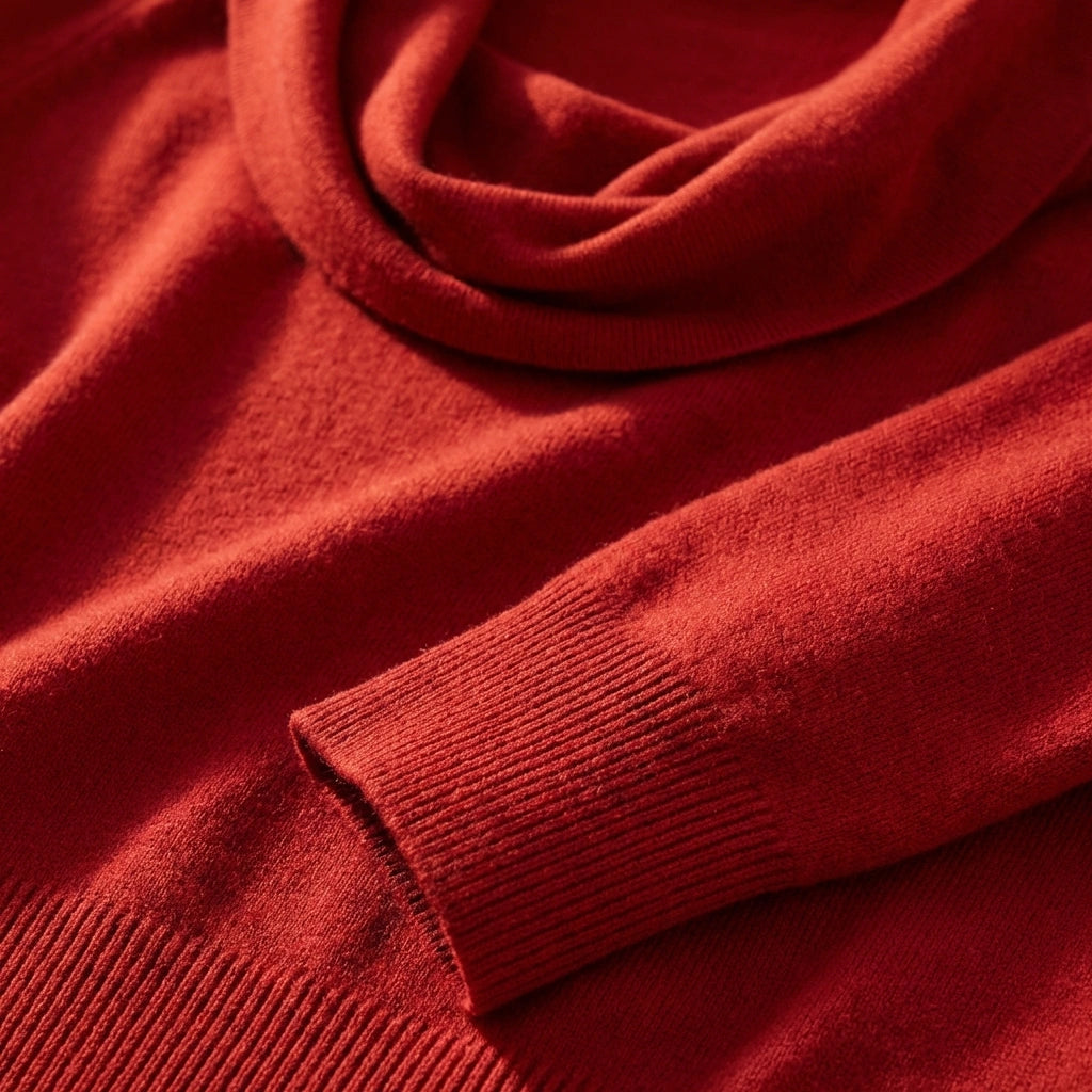 Vellura soft cowl neck sweater in scarlet red — close-up detail showing the plush viscose blend texture, draped neckline, and ribbed cuff.