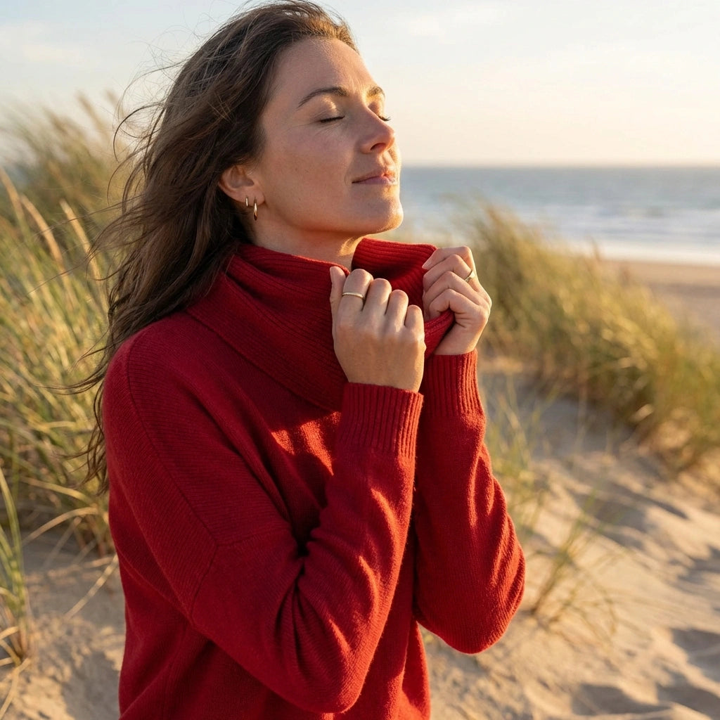 Vellura soft cowl neck sweater in red, worn by a woman on a beach — side view showing the ribbed cuffs and elegant draped neckline.
