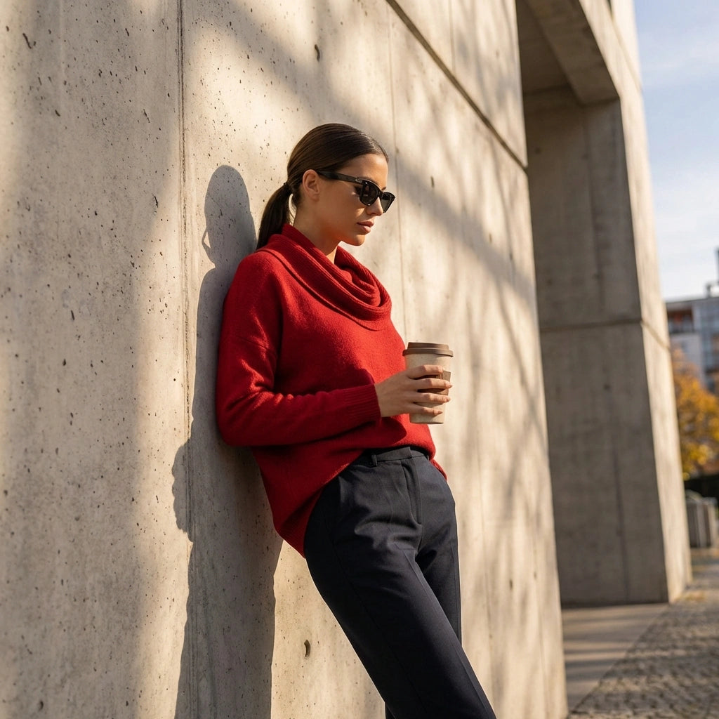 Vellura soft cowl neck sweater in red worn by a woman leaning against a wall holding a coffee cup, showing the elegant draped neckline.