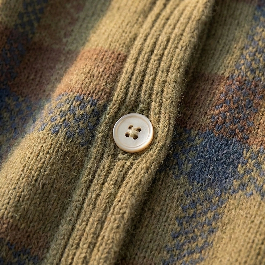 Close-up detail of a Vellura soft knit plaid shirt showing the brushed texture and a single pearlized button on the placket.