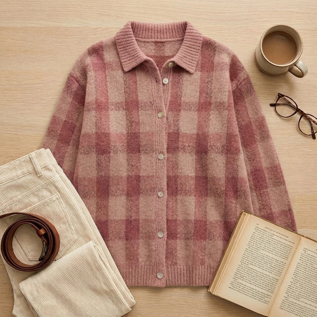 Vellura women's soft knit plaid shirt in dusty rose with a brushed texture, styled as a flat-lay with coffee, a book, and corduroy pants.