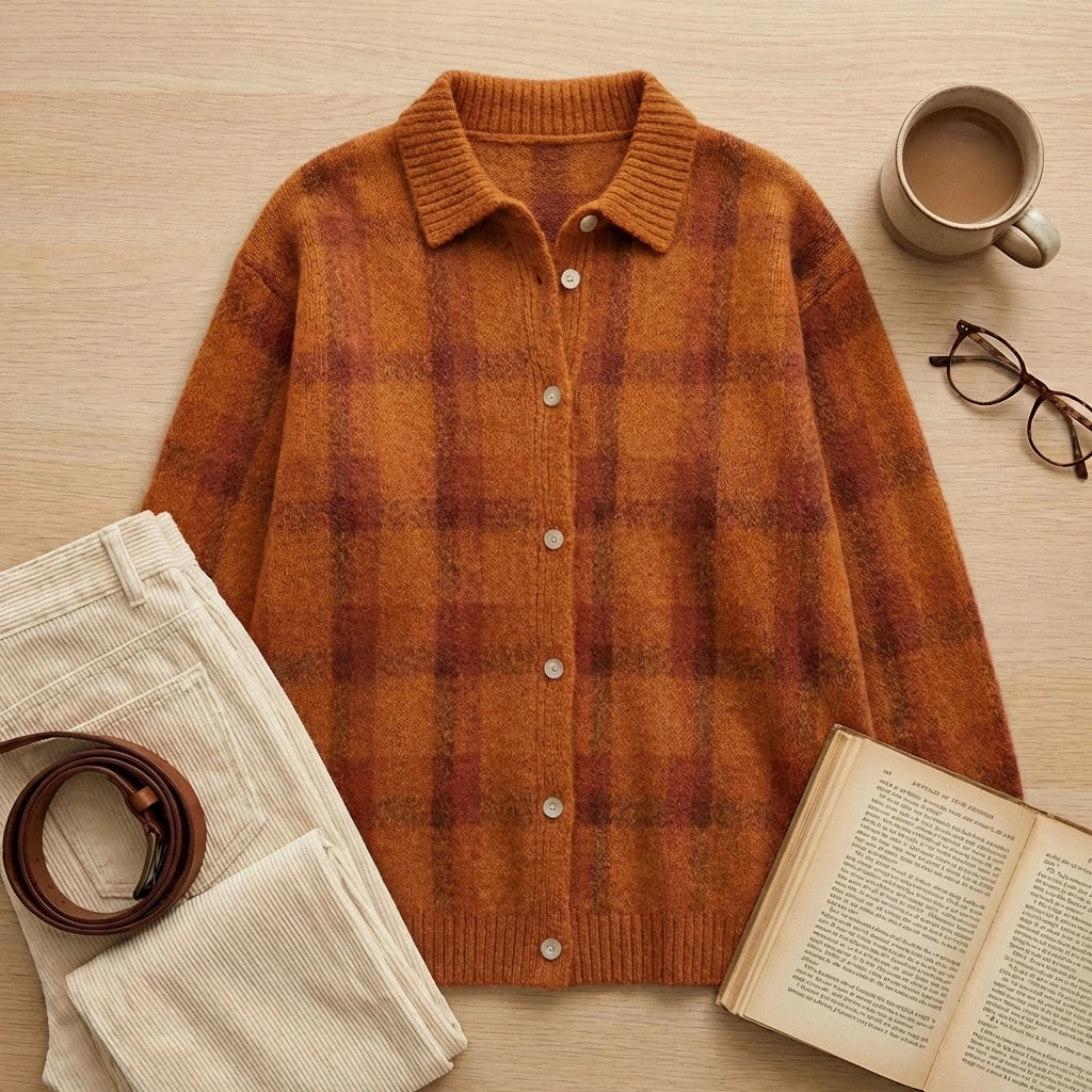 Vellura women's soft knit plaid shirt in burnt orange with a brushed texture, styled in a cozy flat-lay with trousers and a book.