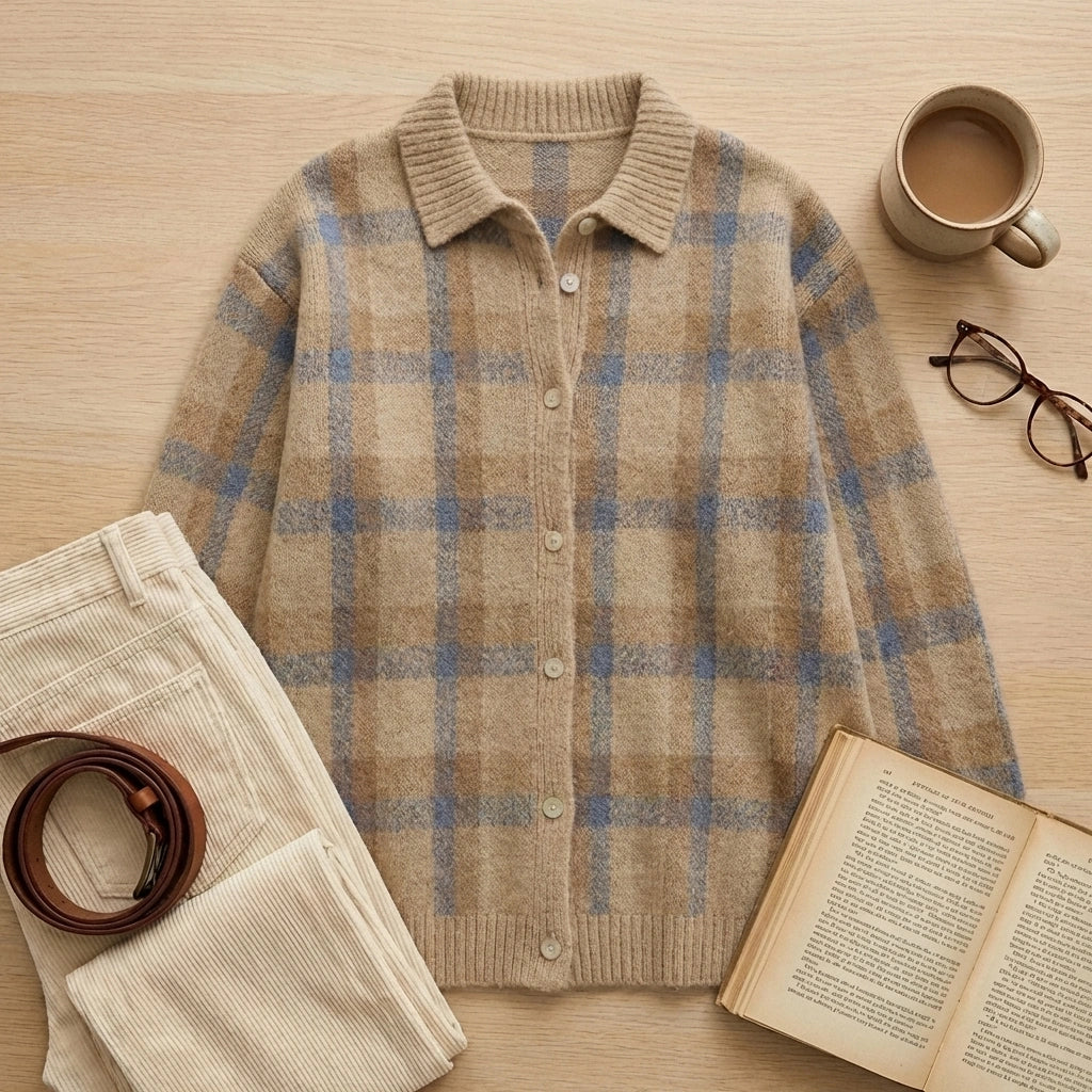 Vellura women's soft knit plaid shirt in sand khaki, styled in a flat-lay with corduroy pants, a book, and a coffee mug.