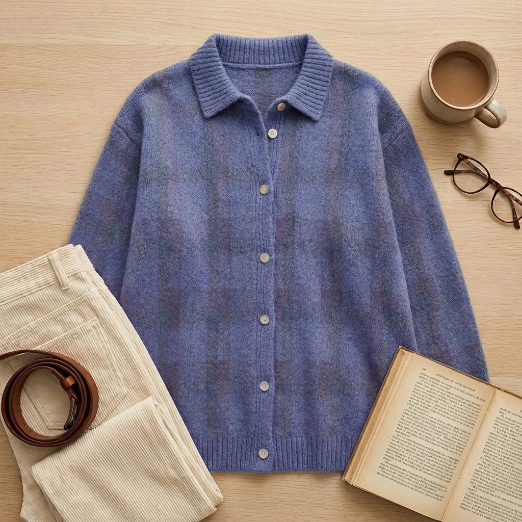 Vellura women's soft knit plaid shirt in slate blue with a brushed texture, styled in a flat-lay with corduroy pants and a book.