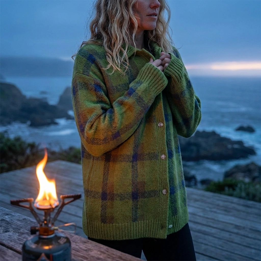 Vellura women's olive green soft knit plaid shirt with brushed texture, worn outdoors by the ocean at dusk.