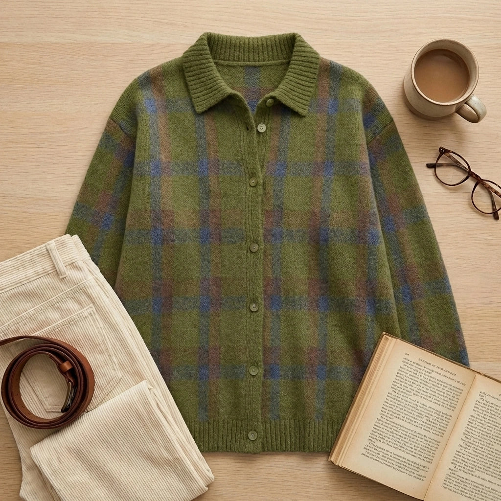 Vellura women's soft knit plaid shirt in olive green, displayed in a cozy lifestyle flat-lay with a book, glasses, and corduroy trousers.