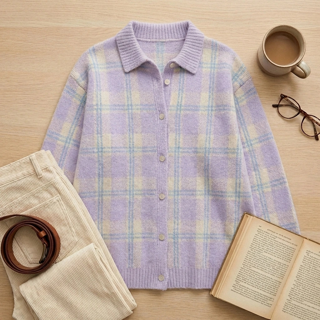 Vellura women's soft knit plaid shirt in lavender, displayed in a cozy flat-lay with coffee and a book.
