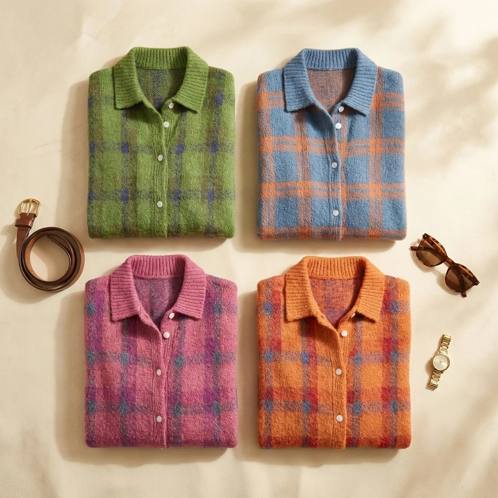 Vellura women's soft knit plaid shirts in four colors, featuring a brushed texture, point collars, and pearlized buttons, arranged in a grid.