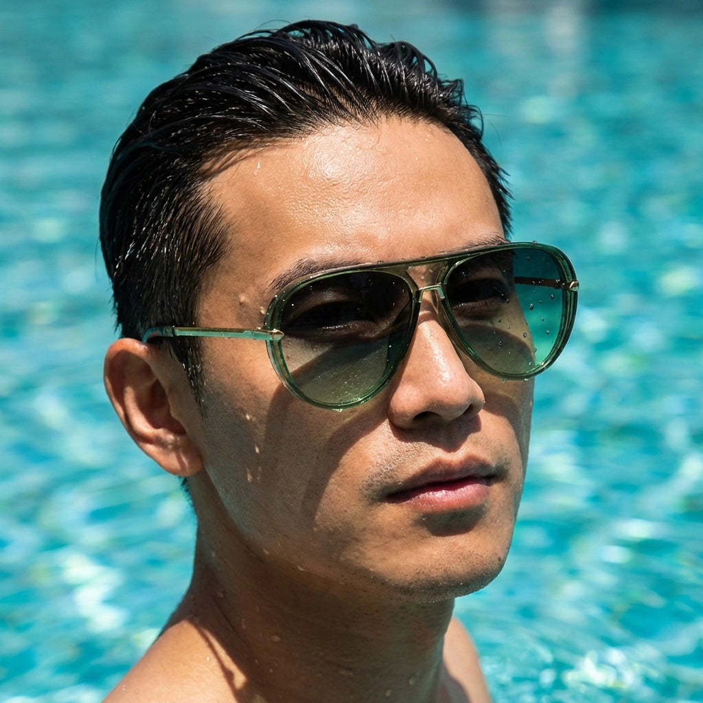 VELORA retro aviator sunglasses in emerald green fade worn by a man in a pool, showing water droplets on the gradient lenses.