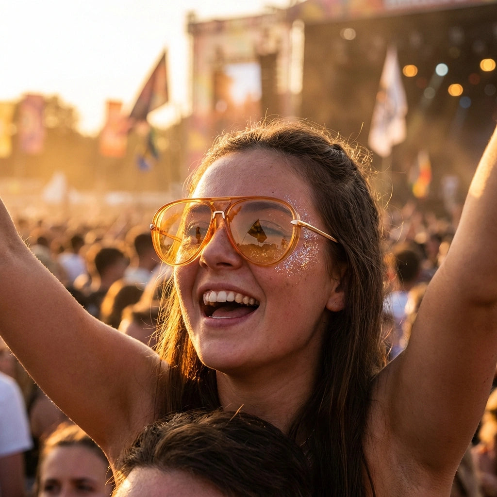 Woman wearing VELORA oversized aviator sunglasses with amber gradient lenses and glitter makeup at a sunny music festival.