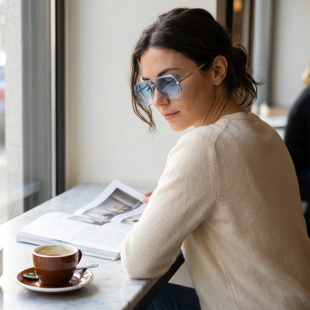 VELORA oversized aviator sunglasses with blue gradient lenses worn by a woman reading in a cafe, showing gold temple details.