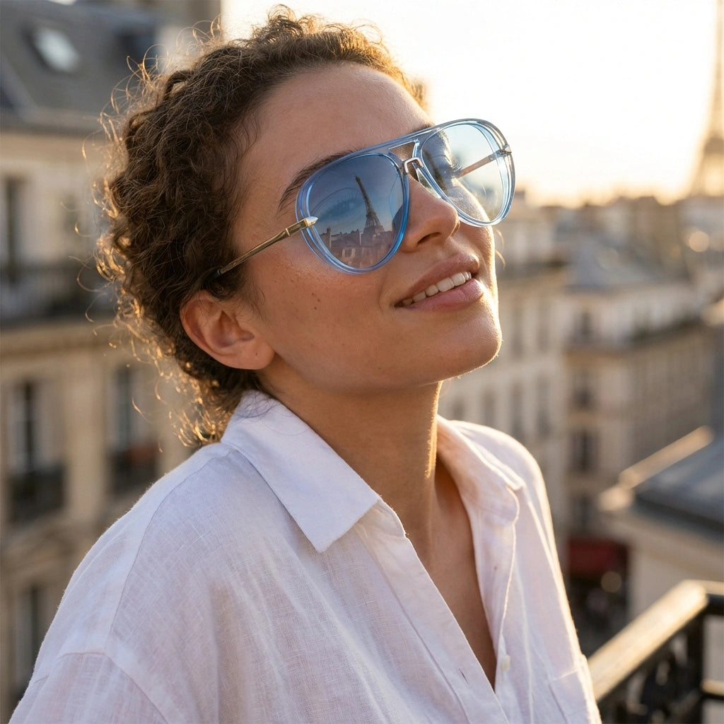 VELORA oversized aviator sunglasses with azure blue gradient lenses worn by a woman in a sunny Parisian setting, showing gold double bridge details.