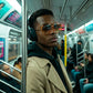 VELORA oversized aviator sunglasses with gradient amber lenses worn by a man in a subway, showing gold double-bridge frames.